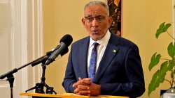 Prime Minister Godwin Friday speaks after being sworn in at Government House on Friday, Nov. 28, 2025. (Photo: Facebook/APISVG)