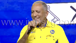 Opposition Leader Godwin Friday speaking at the New Democratic Party's rally in Campden Park on Tuesday, Nov. 25, 2025.