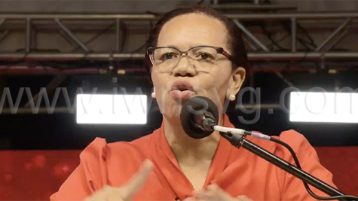 Unity Labour Party’s candidate for North Windward, Hospital Administrator Grace Walters, speaking at the party’s rally in Biabou on Sunday, Nov. 9, 2025. 