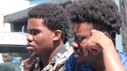 Dakari Hector, right, and Erel Hector outside the Serious Offences Court in Kingstown on Monday, Nov. 10, 2025. 