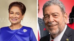 Prime Minister of Trinidad and Tobago, Kamla Persad Bissessar, left, and her St. Vincent and the Grenadines counterpart, Ralph Gonsalves. 