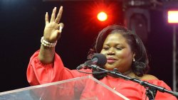 Keisal Peters, the Unity Labour Party's candidate for West Kingstown, gestures during the party rally in Kingstown on Oct. 28, 2025.  