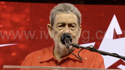Prime Minister Ralph Gonsalves speaking at the Unity Labour Party's North Star rally in Chateaubelair on Saturday, Nov. 8, 2025. 