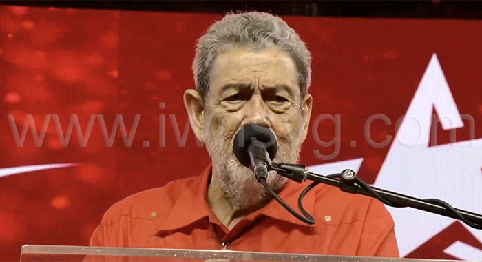 Prime Minister Ralph Gonsalves speaking at the Unity Labour Party's North Star rally in Chateaubelair on Saturday, Nov. 8, 2025. 