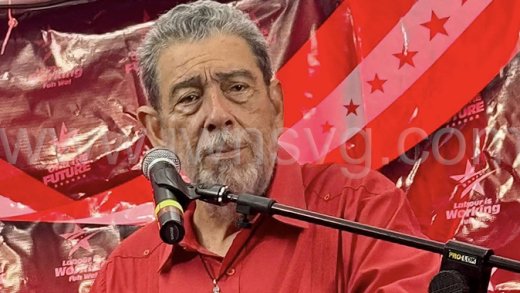 Prime Minister Ralph Gonsalves speaking at a Unity Labour Party campaign event in Murray's Village on Monday. Nov. 3, 2025. 