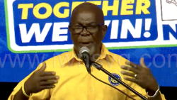 St. Clair Leacock, a vice president of the New Democratic Party and incumbent MP for Central Kingstown speaks at the party's campaign rally in North Union on Saturday, Nov. 8, 2025. 