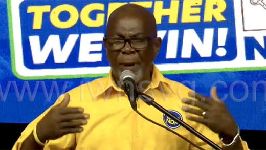 St. Clair Leacock, a vice president of the New Democratic Party and incumbent MP for Central Kingstown speaks at the party's campaign rally in North Union on Saturday, Nov. 8, 2025. 