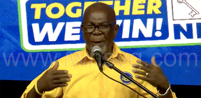 St. Clair Leacock, a vice president of the New Democratic Party and incumbent MP for Central Kingstown speaks at the party's campaign rally in North Union on Saturday, Nov. 8, 2025. 