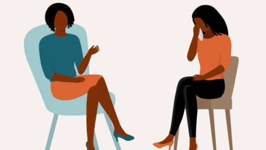 Depressed Black Woman Talking With A Counselor Or Therapist. Full Length, Isolated On Solid Color Background. Vector, Illustration, Flat Design, Character.