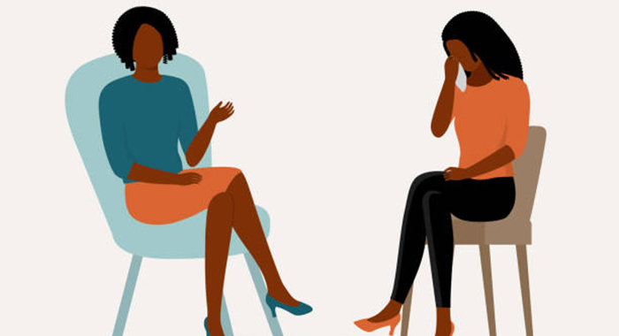 Depressed Black Woman Talking With A Counselor Or Therapist. Full Length, Isolated On Solid Color Background. Vector, Illustration, Flat Design, Character.
