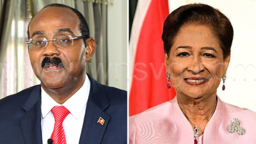 Prime Minister of Antigua and Barbuda Gaston Browne, left, and Prime Minister of Trinidad and Tobago Kamla Persad Bissessar.