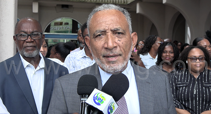 Prime Minister Godwin Friday speaking to the media outside the Administrative Complex in Kingstown on Monday, Dec. 1, 2025. 