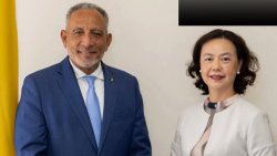 Prime Minister of St. Vincent and the Grenadines, Godwin Friday, left, and Taiwan Ambassador to St. Vincent and the Grenadines, Fiona Huei-Chun Fan after their Dec. 12, 2025 meeting. 