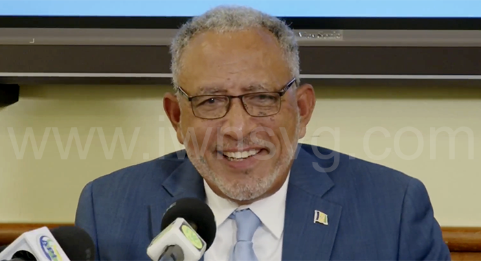 Prime Minister Godwin Friday speaking at a press conference in Kingstown on Friday, Jan. 23, 2026.