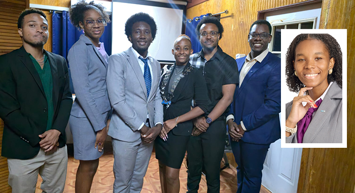 2026 Board of Directors. From left: Nigel Thomas (Secretary General), Tyana Stewart (Executive Vice President), Dominic Horne (President), Lisha Beache (Immediate Past President), Delon Dasilva and Omarr Edwards (Vice Presidents). Inset: Wanika Ashton (General Legal Counsel).
