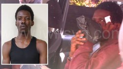 The defendant, Kyle Providence, hides his face as he sits inside a police vehicle outside the Serious Offences Court in Kingstown on Wednesday, Dec. 31, 2025. He is seen in inset in a July 20024 police photo.