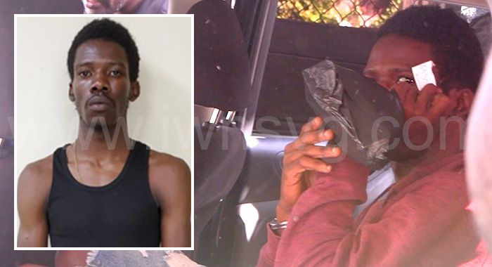 The defendant, Kyle Providence, hides his face as he sits inside a police vehicle outside the Serious Offences Court in Kingstown on Wednesday, Dec. 31, 2025. He is seen in inset in a July 20024 police photo.