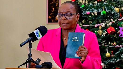 Chair of the Public Service Commission and Police Service Commission Laura Anthony-Browne takes her oaths at Government House in Old Montrose on Wednesday, Dec. 31, 2025. (Photo: Facebook/API) 