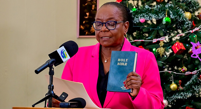 Chair of the Public Service Commission and Police Service Commission Laura Anthony-Browne takes her oaths at Government House in Old Montrose on Wednesday, Dec. 31, 2025. (Photo: Facebook/API) 