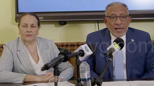 Attorney General Louise Mitchell, left, and Prime Minister Godwin Friday at the press conference in Kingstown on Friday, Jan. 23, 2026.