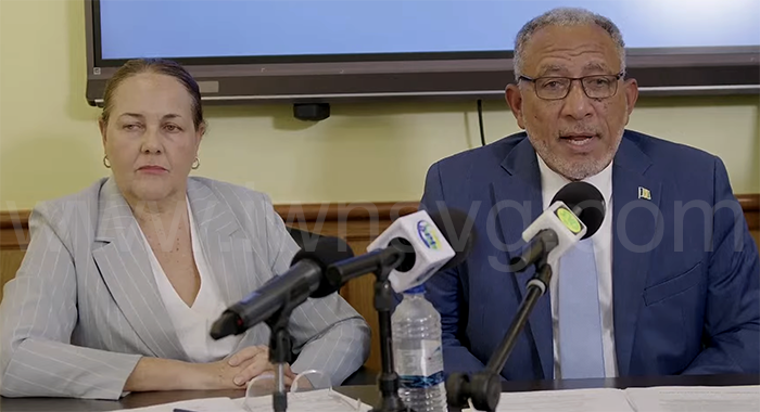 Attorney General Louise Mitchell, left, and Prime Minister Godwin Friday at the press conference in Kingstown on Friday, Jan. 23, 2026.