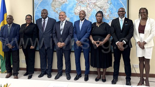 From left: Consul General to New York, Roland “Patel” Matthews; Ambassador to the United Nations, Vynnette Frederick, High Commissioner of SVG to the United Kingdom, Brereton Horne; Prime Minister of SVG, Godwin Friday, Minister of Foreign Affairs, Fitz Bramble; Ambassador Designate to the Republic of Cuba, Angella Ideisha Jackson, Ambassador Designate to the Republic of China on Taiwan Kenton X. Chance, and Permanent Secretary in the Ministry of Foreign Affairs, Foreign Trade, Investment & Diaspora Affairs, Sandy Peters-Phillips.