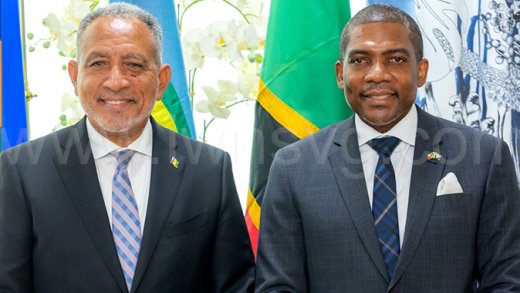 Prime Minister of St. Vincent and the Grenadines Godwin Friday, left, and Prime Minister of St. Kitts and Nevis counterpart, Terrance Drew, after their meeting in Argyle on Tuesday, Jan. 20, 2026. 