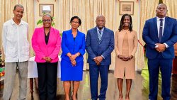 The members of the Public Service Commission and Police Service Commission (from left) Adrian Fraser, Laura Anthony-Browne, Ingrid Fitzpatrick, Ronald Christopher, Shirlan M. “Zita” Barnwell and Allanson Cruickshank after taking their oaths at Government House in Old Montrose on Wednesday, Dec. 31, 2025. (Photo: Facebook/API) 