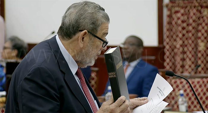 Opposition Leader Ralph Gonsalves takes oaths in Parliament on Thursday, Jan. 29, 2026.