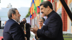 Then-prime minister of St. Vincent and the Grenadines, Ralph Gonsalves, left, and Venezuelan President, Nicolas Maduro, in Caracas in February 2023.