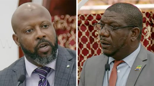 Opposition Senator, Carlos James, left, and Agriculture Minister Israel Bruce speaking in Parliament on Friday, Feb. 13, 2026.