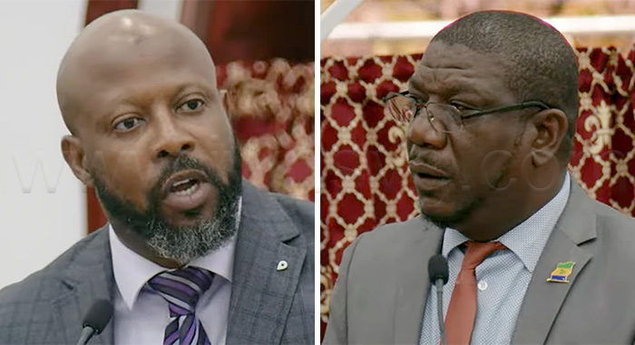 Opposition Senator, Carlos James, left, and Agriculture Minister Israel Bruce speaking in Parliament on Friday, Feb. 13, 2026.