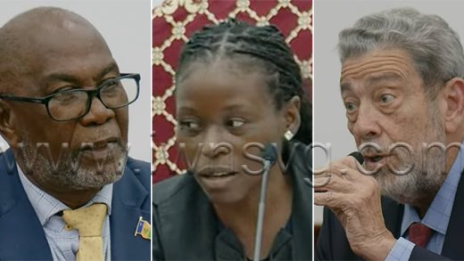 From left: Deputy Prime Minister St. Clair Leacock, House Speaker Ronnia Durham-Balcombe, and Opposition Leader Ralph Gonsalves in Parliament on Thursday, Feb. 12, 2026.