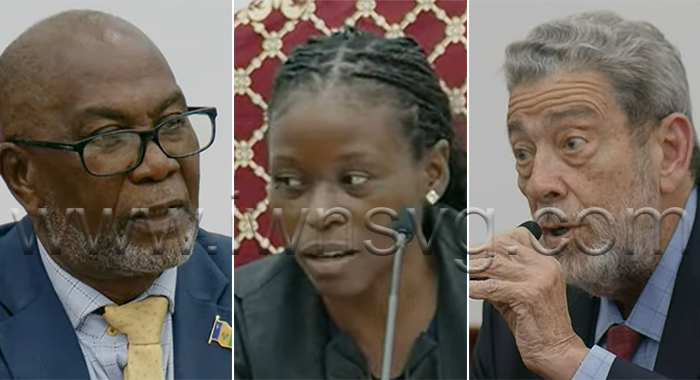 From left: Deputy Prime Minister St. Clair Leacock, House Speaker Ronnia Durham-Balcombe, and Opposition Leader Ralph Gonsalves in Parliament on Thursday, Feb. 12, 2026.