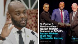 North Leeward MP and Tourism Minister, Kishore Shallow, left, speaking in Parliament on Tuesday, Feb. 10, 2025, and former North Leeward MP nad Minister of Tourism, Carlos James, centre right, as he collected the award in Germany in March 2025. 