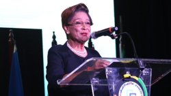 Trinidad and Tobago Prime Minister Kamla Persad-Bissessar addresses the opening ceremony of the 50th Regular Meeting of the Conference of Heads of Government of the CARICOM in St. Kitts on Tuesday, Feb. 24, 2026.