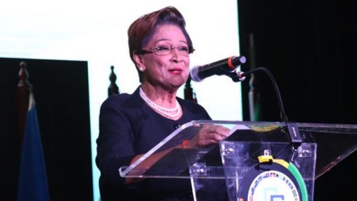 Trinidad and Tobago Prime Minister Kamla Persad-Bissessar addresses the opening ceremony of the 50th Regular Meeting of the Conference of Heads of Government of the CARICOM in St. Kitts on Tuesday, Feb. 24, 2026.