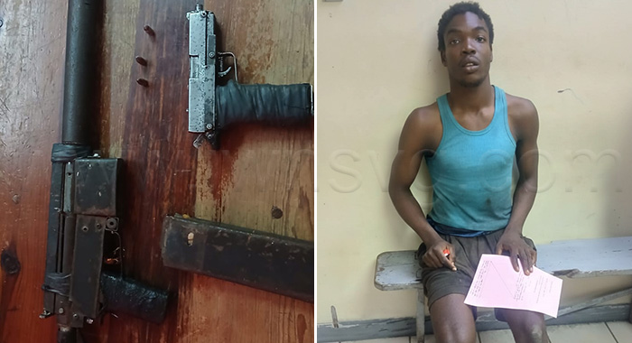 The defendant, Kesroy WIlliams, right, and the firearms and ammunition he is alleged to have had in his possession. 