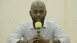 North Leeward MP, Kishore Shallow addressing constituents at a town hall meeting in Fitz Hughes on Thursday, Feb. 5, 2026.