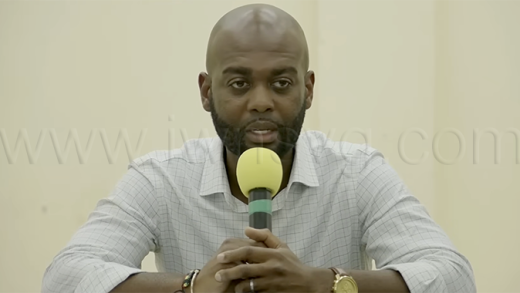 North Leeward MP, Kishore Shallow addressing constituents at a town hall meeting in Fitz Hughes on Thursday, Feb. 5, 2026.