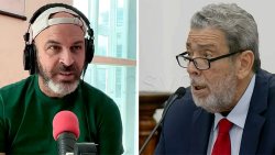 Luke Boyea, owner and manager of Hot97 FM, left, and Opposition Leader Ralph Gonsalves.