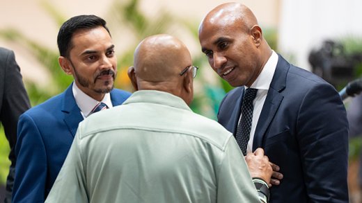 Massy Group President and CEO James Mc Letchie, right, and Executive Vice President and CEO, Motors & Machines Portfolio Ryan Latchu, left, at the Massy Group's 102nd annual general meeting in Trinidad on Jan. 26, 2026.