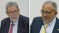 Opposition Leader Ralph Gonsalves, left, and Prime Minster Godwin Friday in Parliament on Thursday, Jan. 29, 2026.