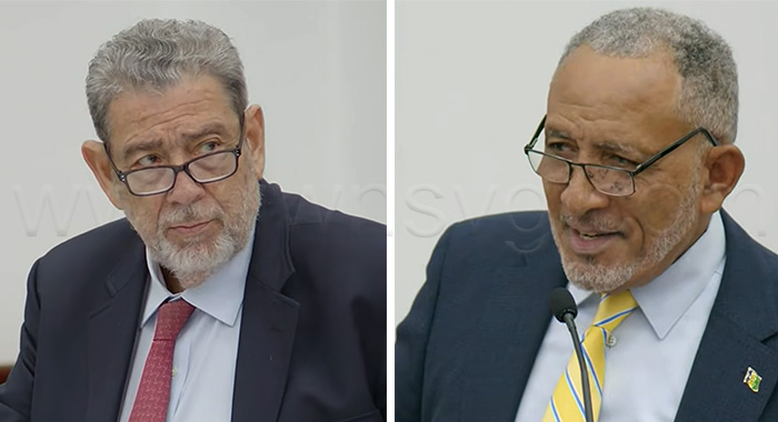 Opposition Leader Ralph Gonsalves, left, and Prime Minster Godwin Friday in Parliament on Thursday, Jan. 29, 2026.