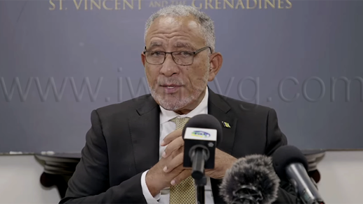 Prime Minister Godwin Friday speaking at a press conference in Kingstown on Tuesday, March 3, 2026.