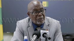 Deputy Prime Minister St. Clair Leacock speaking at a press conference in Kingstown on Wednesday, March 25, 2026.
