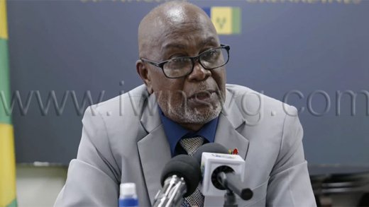 Deputy Prime Minister St. Clair Leacock speaking at a press conference in Kingstown on Wednesday, March 25, 2026.