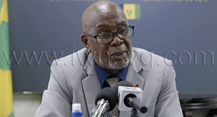 Deputy Prime Minister St. Clair Leacock speaking at a press conference in Kingstown on Wednesday, March 25, 2026.