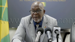 Deputy Prime Minister St. Clair Leacock speaking at  a press conference in Kingstown on Wednesday, March 25, 2026.