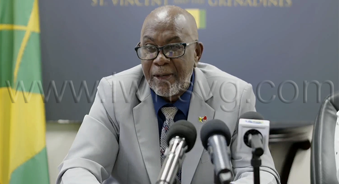 Deputy Prime Minister St. Clair Leacock speaking at  a press conference in Kingstown on Wednesday, March 25, 2026.